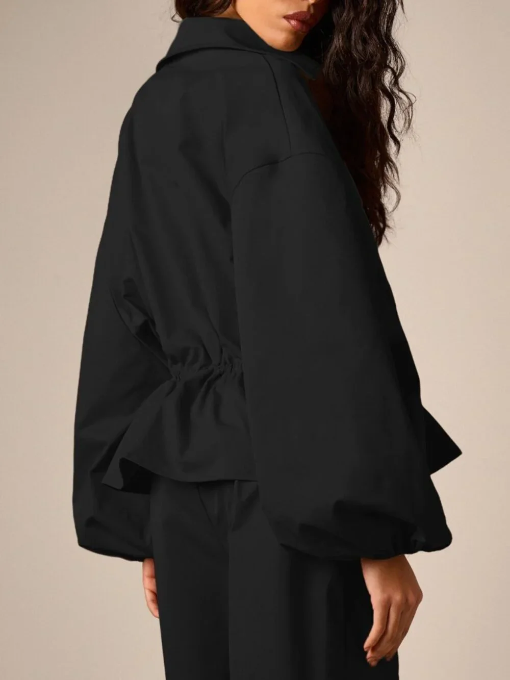 Black Casual Women's Oversized Peplum Shirt with Balloon Sleeves Cargo Pockets